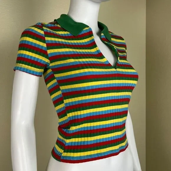 Zara Women's Size S Colorful Striped Ribbed Collard Pullover Short Sleeve Top - Picture 11 of 11